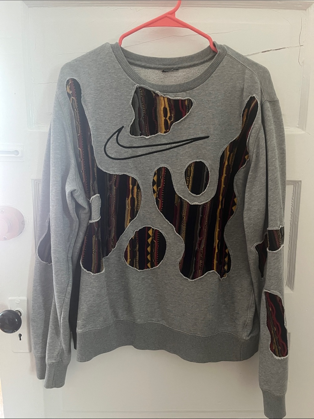 upcycled grey nike crewneck sweatshirt with coogi sweater cutouts — men’s L